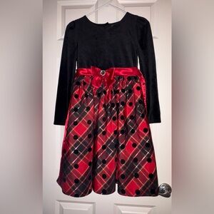 EUC Holiday Dress: Velvet Bodice, Plaid and Polka Dot Skirt, Shiny Fun!